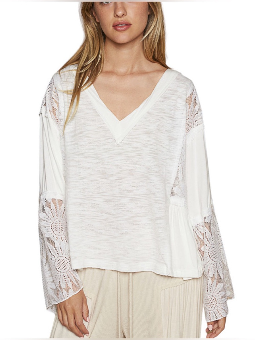 POL White V-Neck Lace Bell Sleeve Top